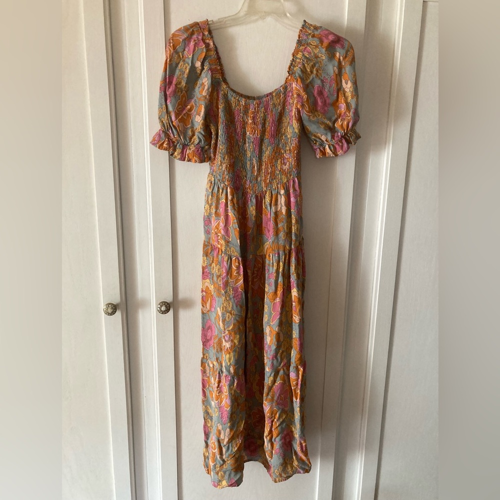 Floral Puff-Sleeve Maxi Dress in Mustard and Pink